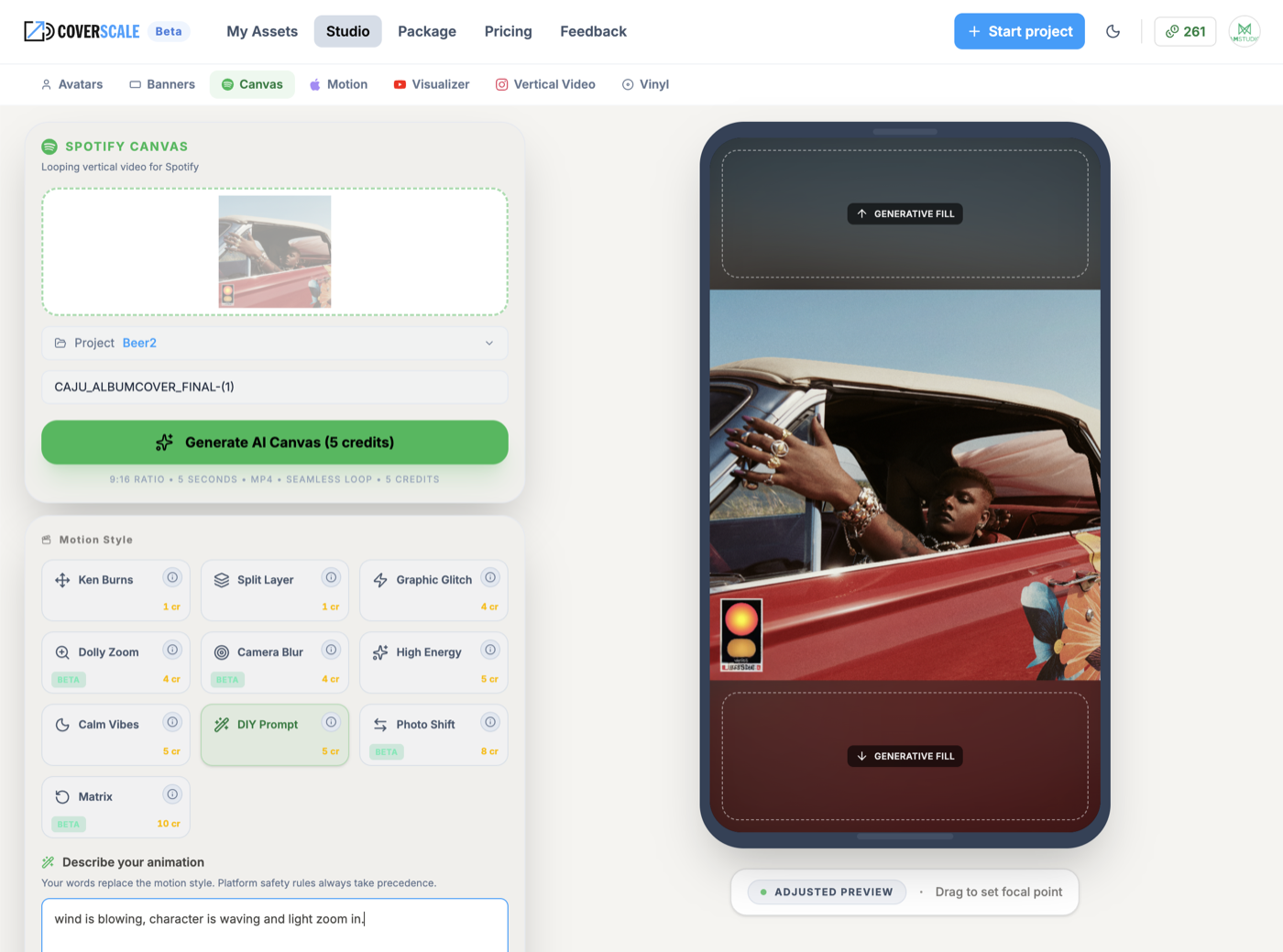 Generate — CoverScale creates every asset automatically — Canvas, Motion, Visualizer, Reels, Avatars, Banners.